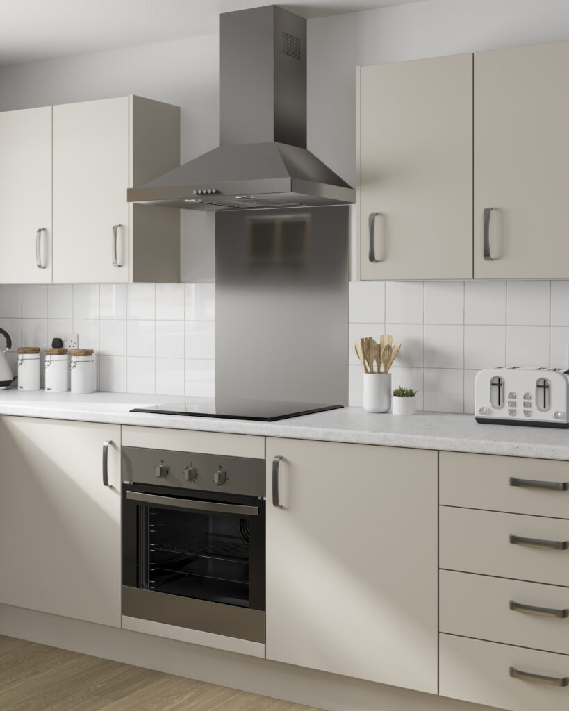 A cropped image of a pebble coloured kitchen showing a stainless steel material splashback
