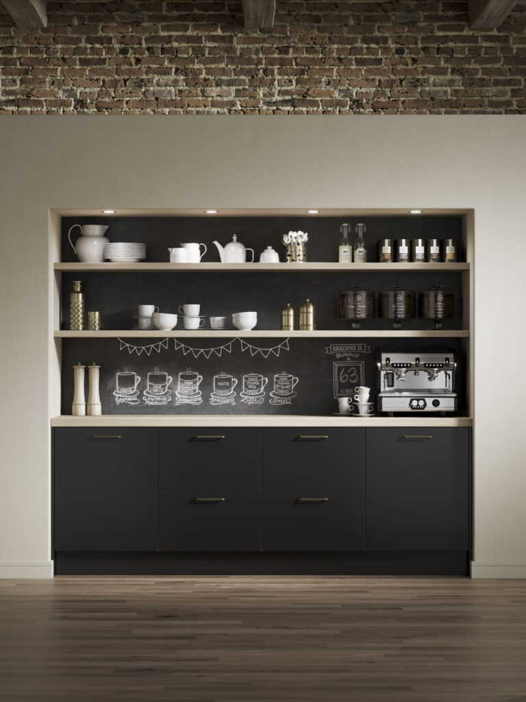 Alta Black Cabinets with open shelving displaying Coffee Machine, Crockery & Flowers