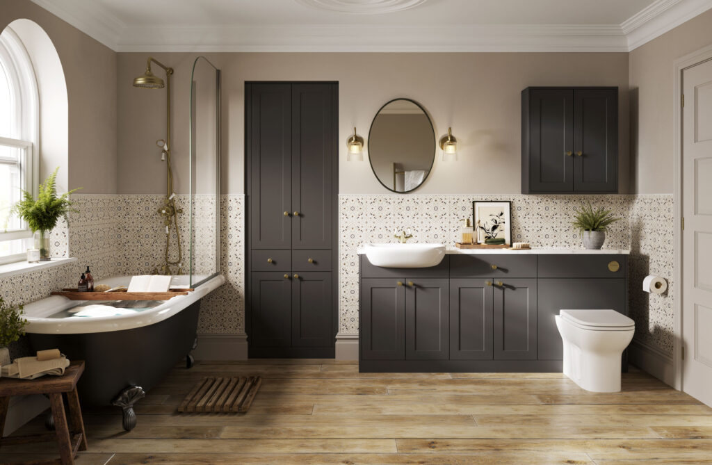 Amalfi Charcoal cabinetry with toilet, sink and overhead shower