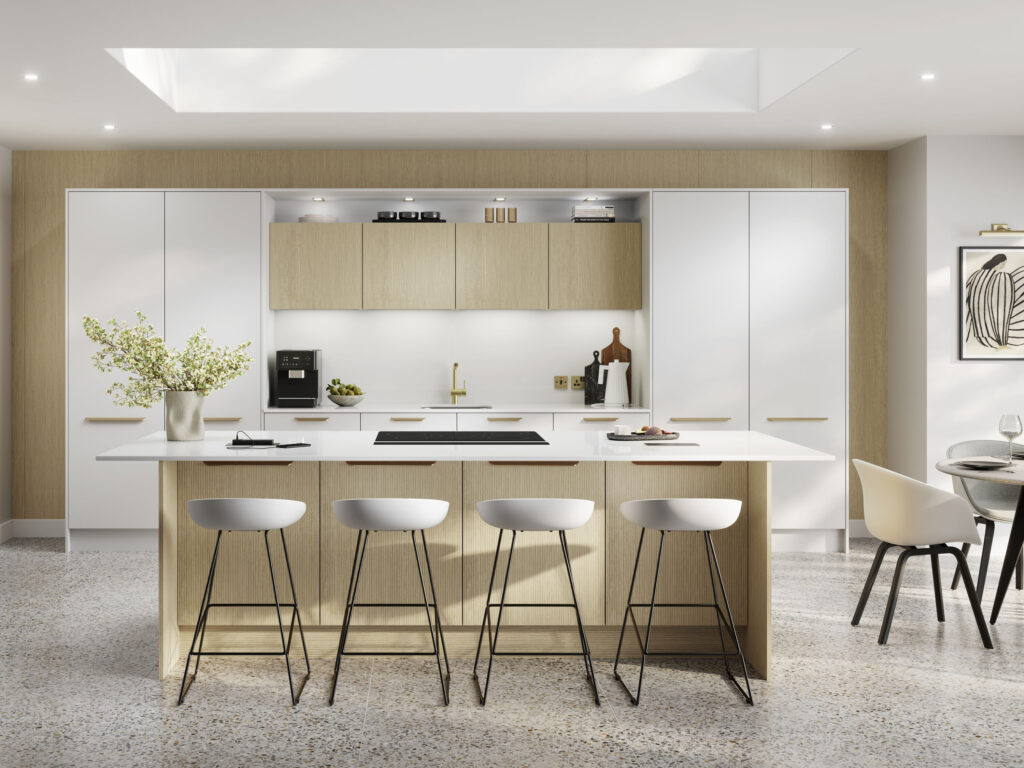 Alta White kitchen with Costina Fresca Accent Wall Cabinets and Breakfast Bar