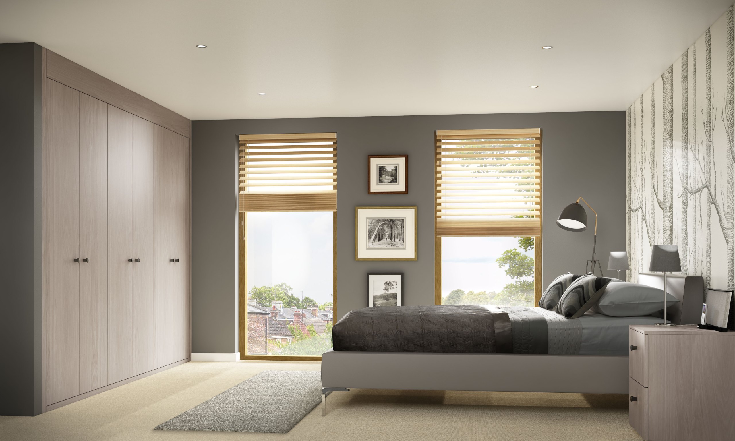 Light woodgrain finish bedrooms including wardrobes and bedside units. neutral décor on the bed and bright light windows.