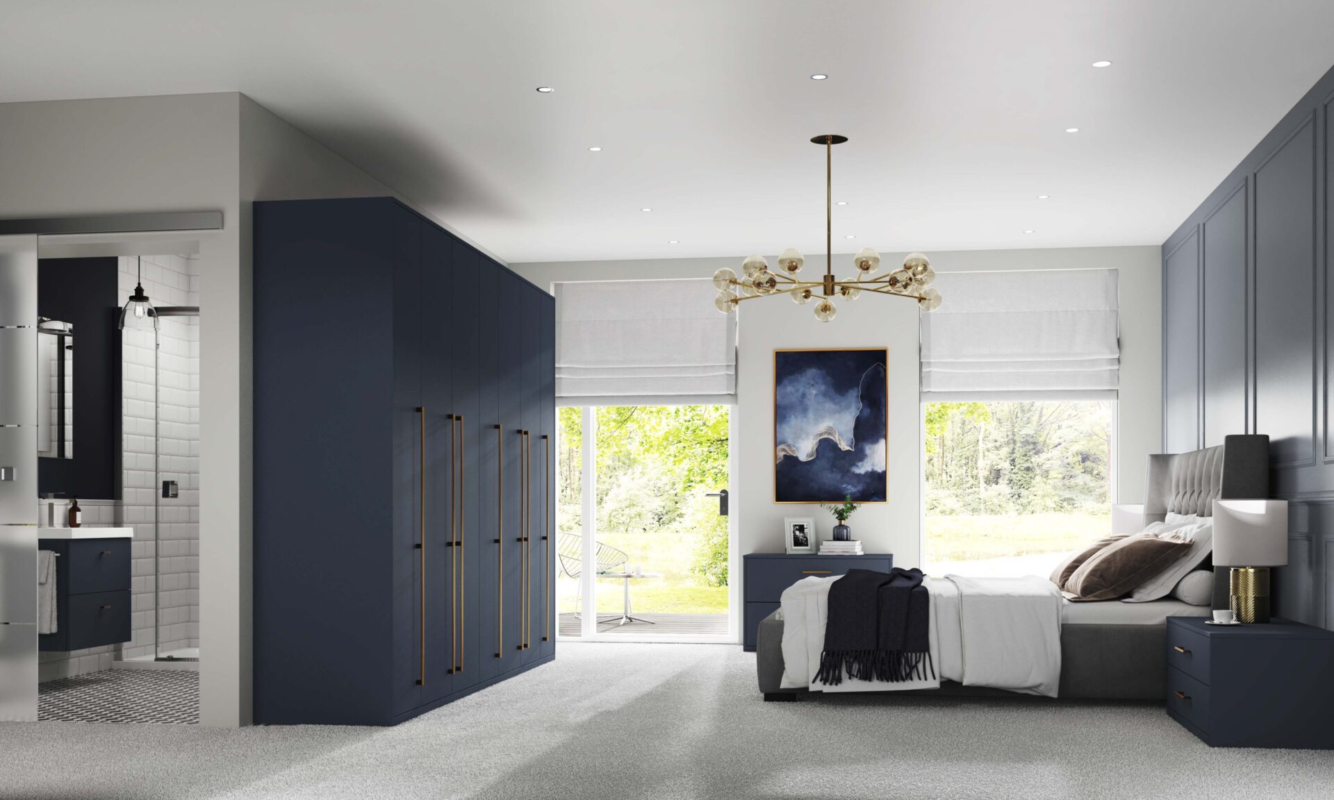 Indigo blue bedroom with a run of 6 wardrobes with brass handles set in a room with blue interiors, large glass windows and a bad with navy decor