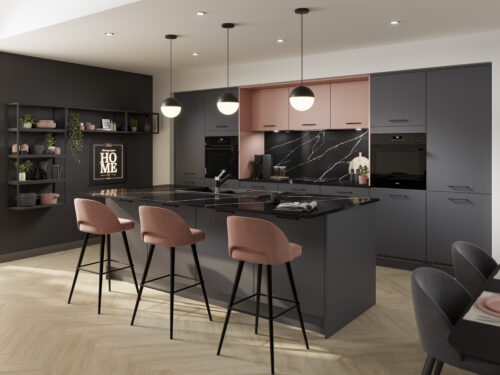 Turin Charcoal Kitchen with contrasting Dusky Pink Cabinets, Pink Stools & Open Shelving