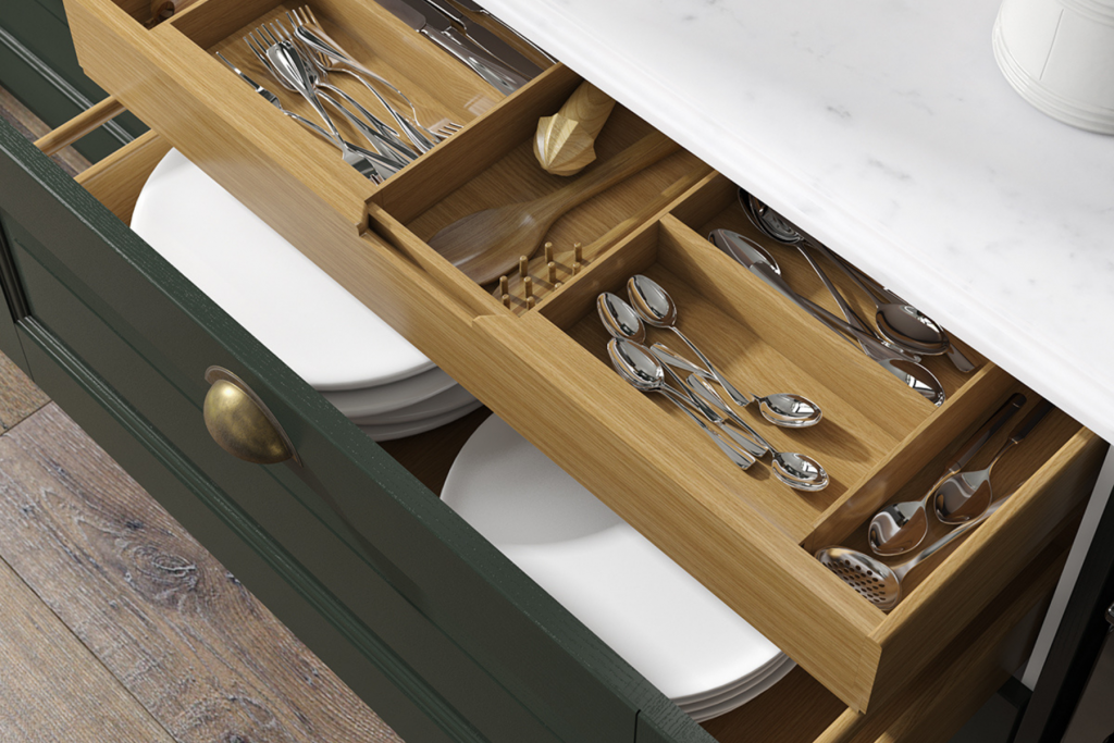 Bottle Green Wexford Wooden Drawer showing cutlery and utensils organised by Drawer Separators
